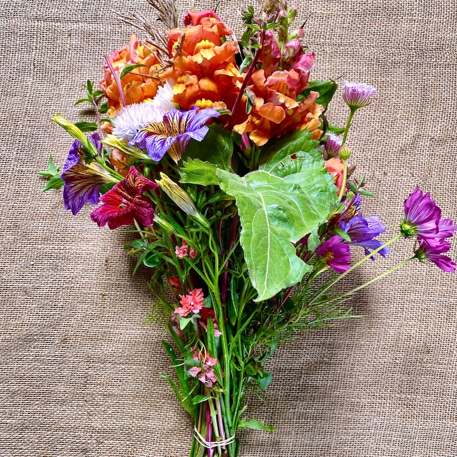 Vibrant certified organic CSA flowers displayed atop a natural, textured cloth background.