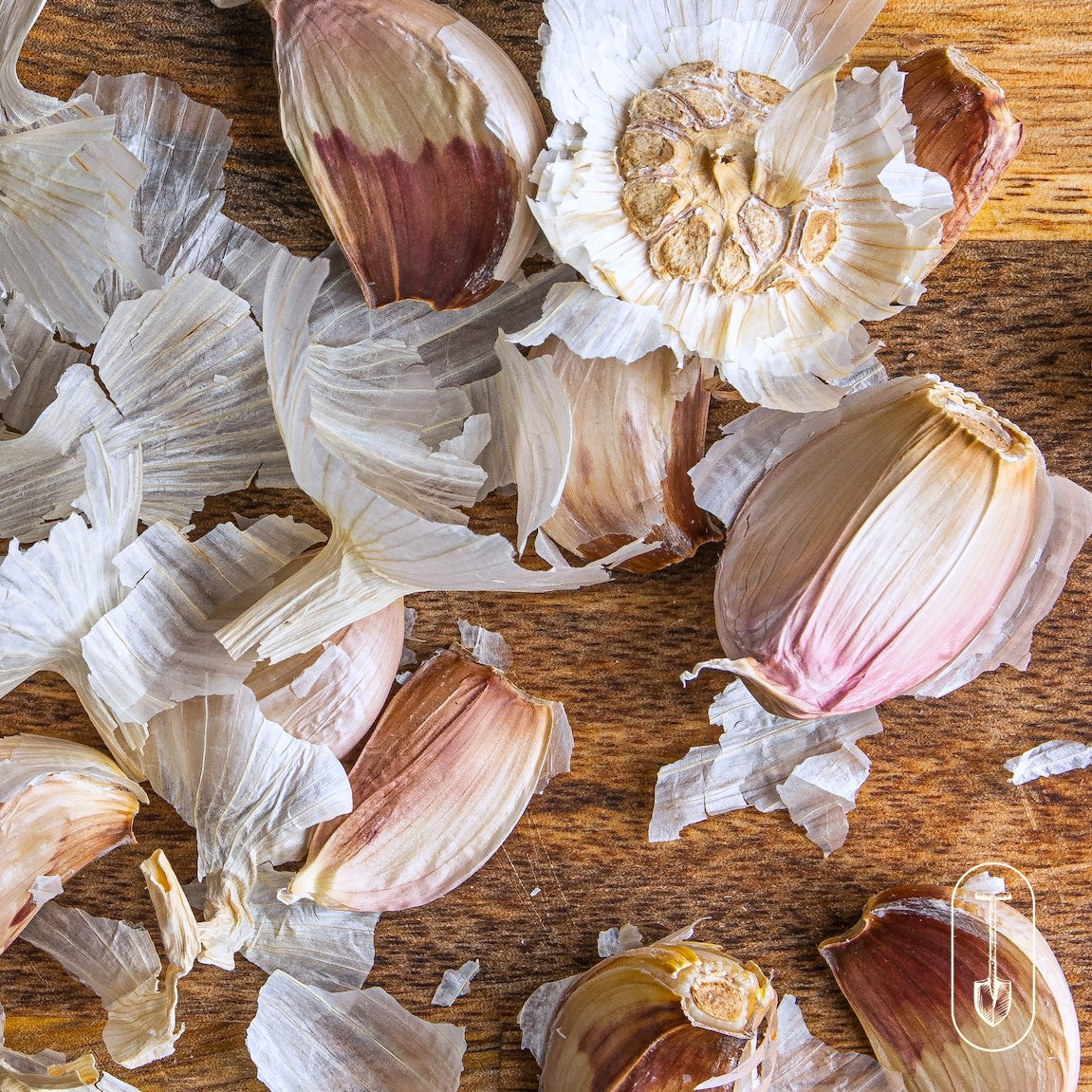 Garlic bulb broken into cloves on a wooden table, with papery wrappers scattered around.