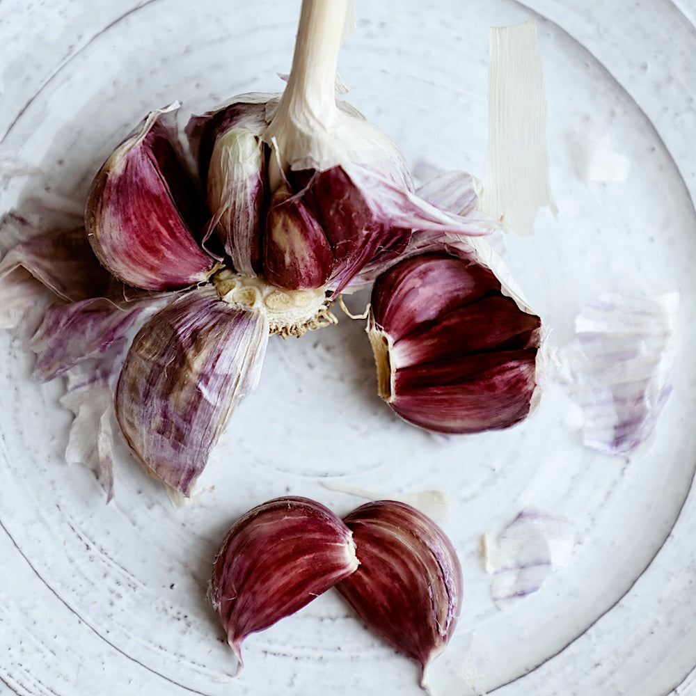 The Boreal Farm Red Garlic Cloves on a White Plate