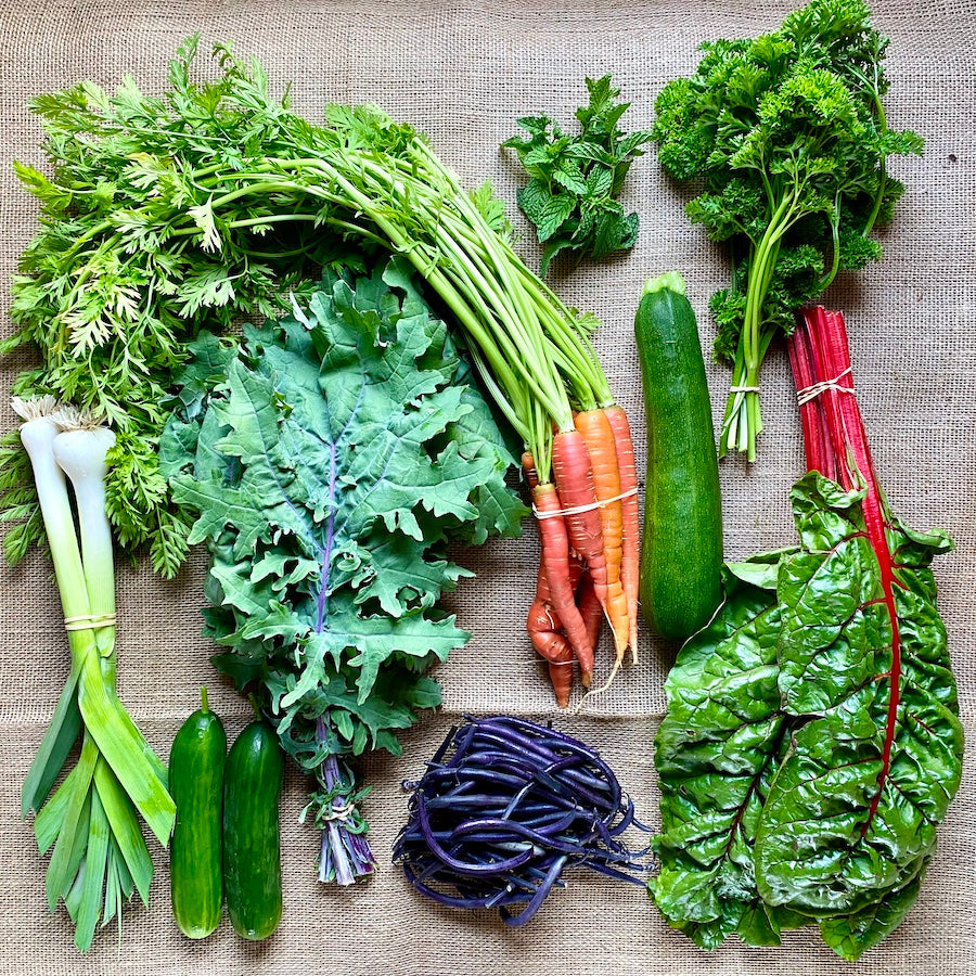 Summer harvest CSA share showcasing certified organic vegetables from The Boreal Farm.